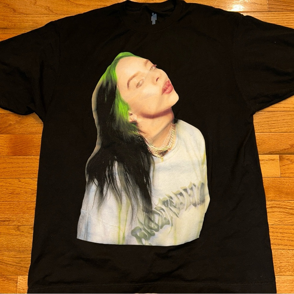 Billie Eilish Black Graphic T-Shirt with Green and White Design